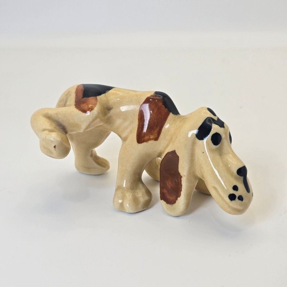 Vintage Hound Dog Figurine Ceramic Tan Brown Black Spotted Unmarked Mid Century